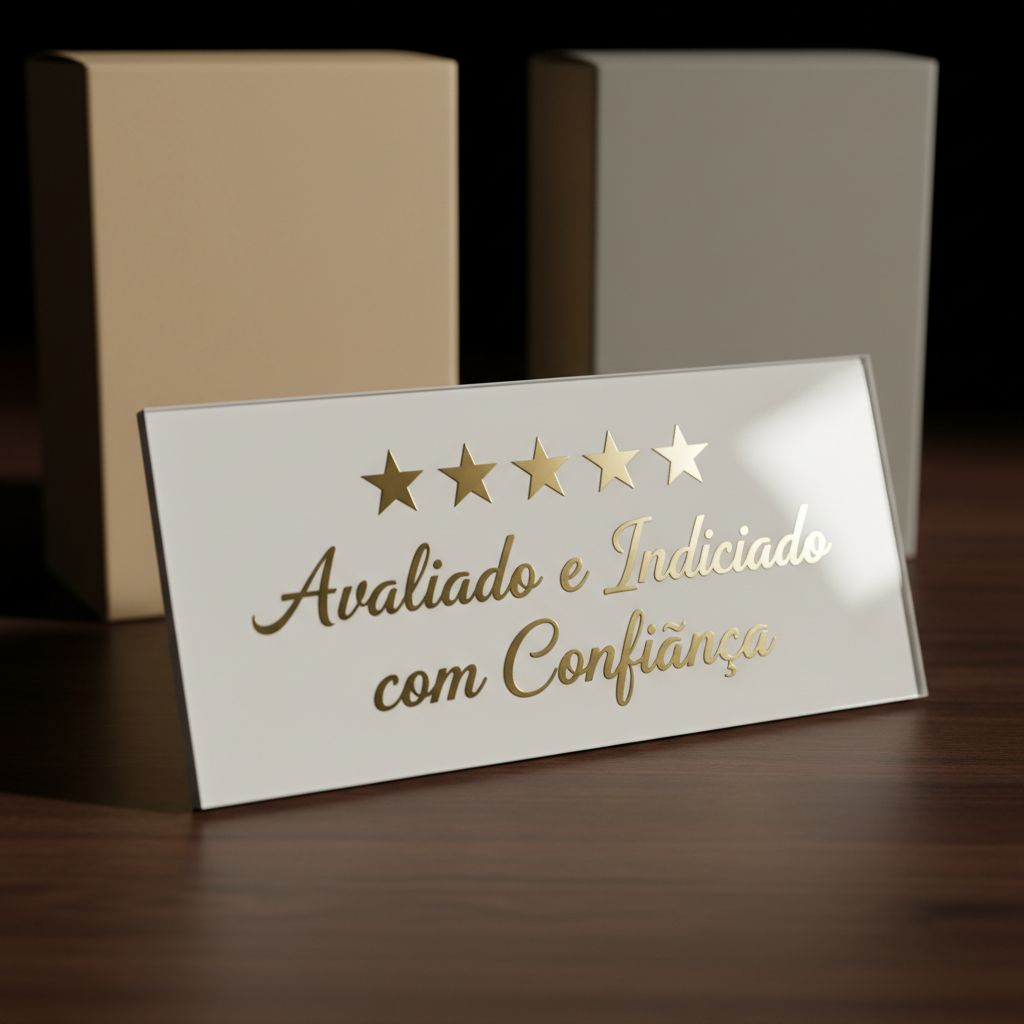 A close-up of a glossy white product rating plaque resting on a dark wooden surface, engraved with “Avaliado e Indicado com Confiança” in elegant metallic lettering, framed by five precisely etched stars filled with soft gold. Behind it, slightly blurred, stand two unbranded product boxes in neutral grey and beige, arranged symmetrically. Directional studio lighting from the right creates striking highlights on the metallic text and gentle shadows that give volume to the plaque and boxes. Photographic realism, captured from a low, slightly angled perspective, creates a sense of prestige and assurance, visually reinforcing the idea that recommended affiliate products have been carefully tested and approved.