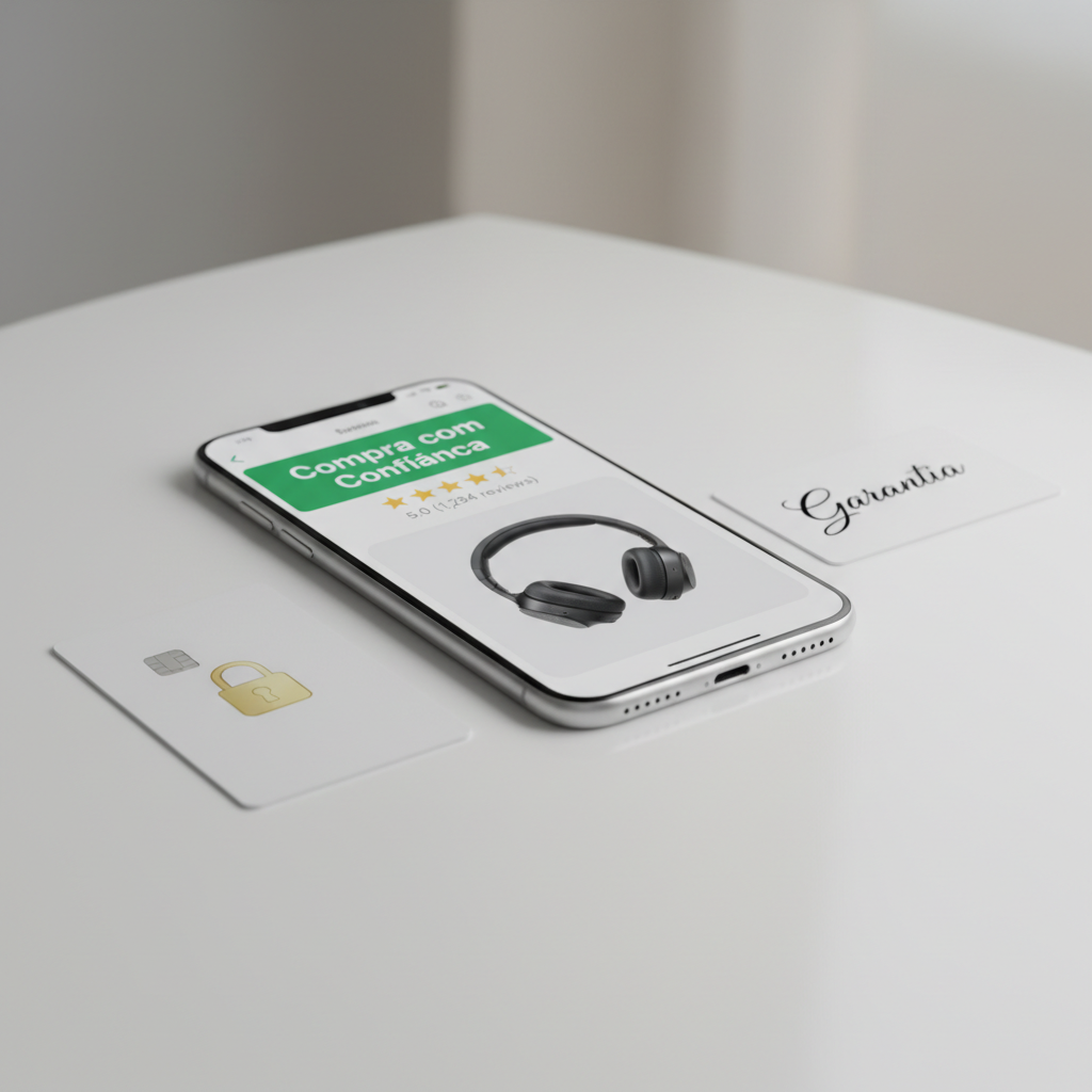 A close-up of a modern smartphone placed on a smooth, matte white surface, its screen showing a product page with a large green “Compra com Confiança” badge and clear five-star rating icons. Around the phone, carefully arranged objects include a minimalist credit card with a secure padlock icon, a small card that reads “Garantia” in elegant typography, and a subtle reflection of the phone on the surface. Soft studio lighting from above and slightly to the side casts clean, controlled shadows and emphasizes the crisp edges. The background fades into a gentle bokeh of neutral gray tones, evoking a calm, secure, highly professional atmosphere, ideal for a trustworthy affiliate purchase experience.