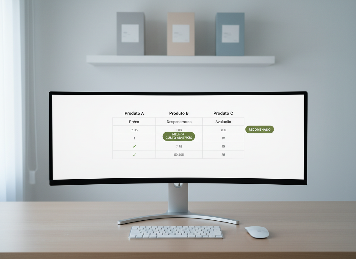 A clean, minimalist workspace featuring a large, ultra-wide monitor displaying a comparison table of three products with highlighted “Melhor Custo-Benefício” and “Recomendado” tags in refined green tones. The monitor sits on a light ash-wood desk with cable management hidden, accompanied only by a compact wireless keyboard and mouse. In the background, out of focus, a neat shelf holds a few closed, label-free product boxes in neutral colors. Cool, even daylight pours in from an unseen window, giving the scene a clear, analytical feel. Photographic realism with a straight-on composition and sharp focus throughout, capturing an atmosphere of methodical evaluation and professional, trustworthy affiliate recommendations.