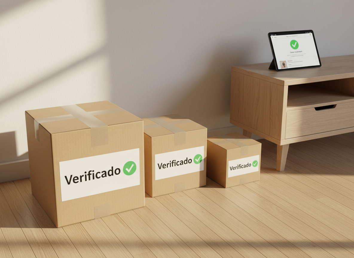 A row of three neatly stacked cardboard shipping boxes of different sizes, each with a high-quality printed label that reads “Verificado” and a green checkmark, placed on a polished light oak floor against a soft off-white wall. Beside the boxes, a tablet rests on a low, modern console table, displaying a clear order confirmation page. Warm, diffused afternoon light enters from the left, creating long, gentle shadows and subtle highlights on the box textures and tape seams. Photographic realism with a slightly elevated angle and balanced composition suggests efficient, reliable delivery for products recommended through affiliates, reinforcing confidence in every step of the purchase journey.