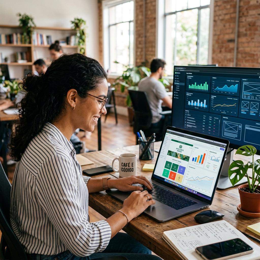 Woman working on laptop showing dashboards with charts and graphs in an open office.