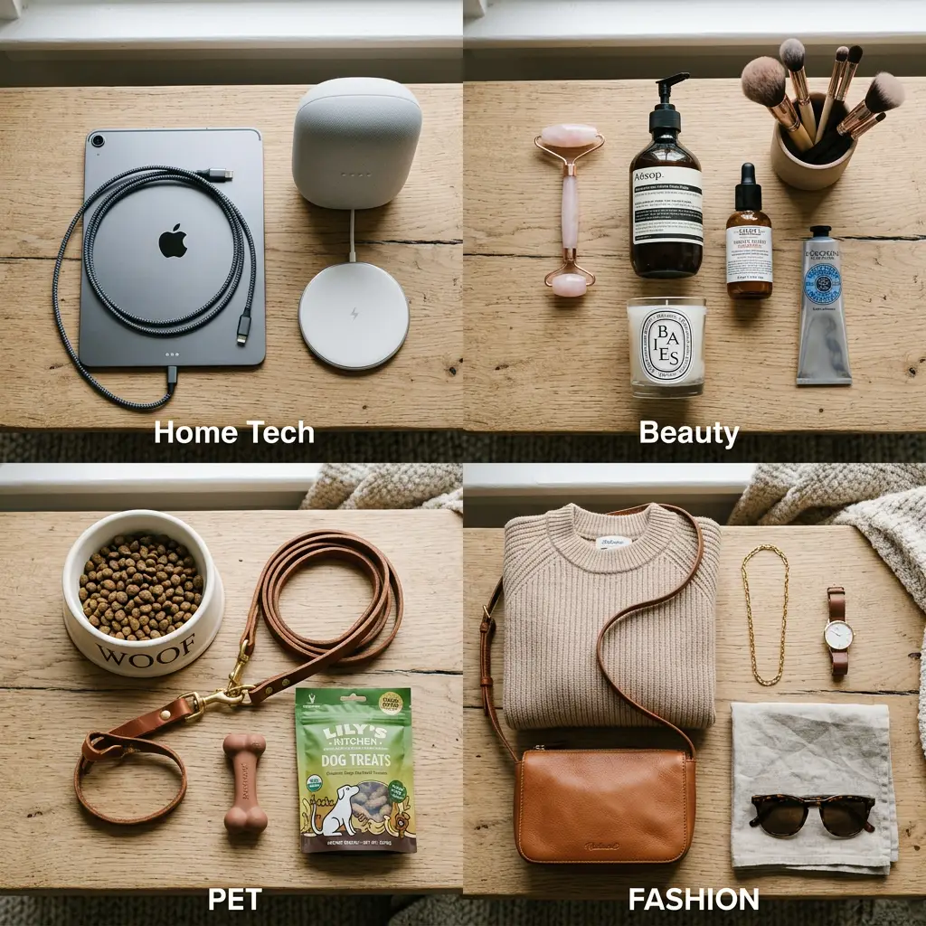 Four groups of lifestyle items: Home Tech with tablet and speaker, Beauty with skincare and makeup tools, Pet with dog bowl and leash, Fashion with sweater and accessories