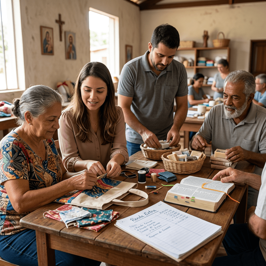 Older and younger adults crafting and organizing handmade items around a wooden table